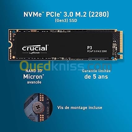 Disque dur SSD Crucial P3 3D NAND NVMe PCIe M.2 - 1To –