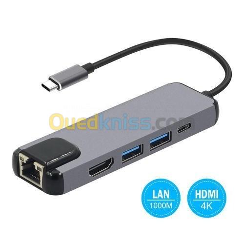  Hub USB 5en1  HDMI+USB-C+USB3.0*2+LAN RJ 45 vers USB-C .