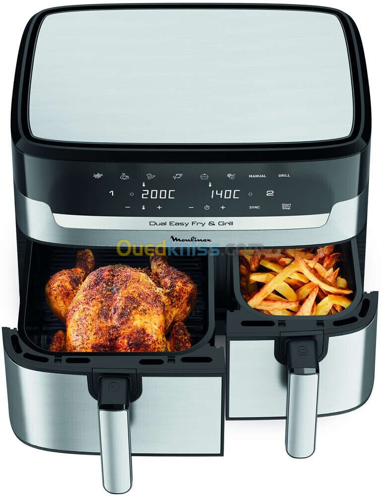 Friteuse sans huile 8.3L Moulinex friteuse a air Dual Easy Fry & Grill Inox 2 tiroirs EZ905D20