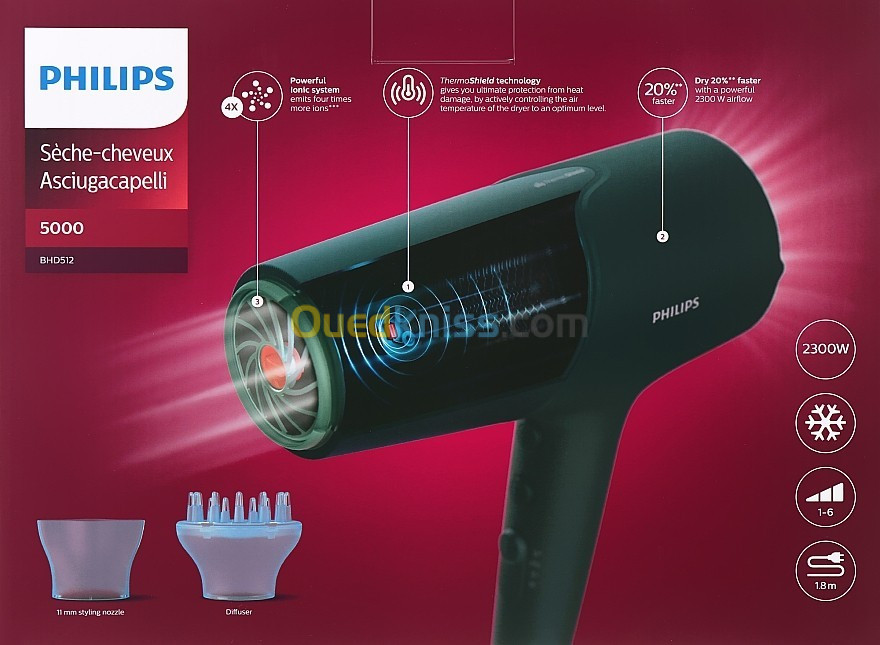 Sèche-cheveux PHILIPS BHD512 -2300W-6 réglages de température et vitesse