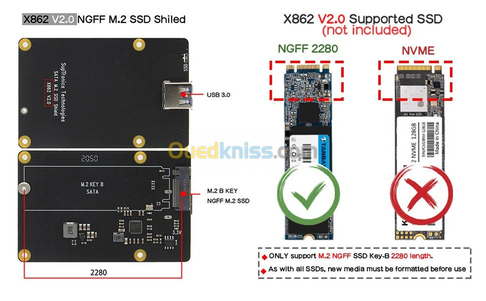 Adaptateur Raspberry, Geekworm X862 V2.0 M.2 NGFF SATA SSD carte