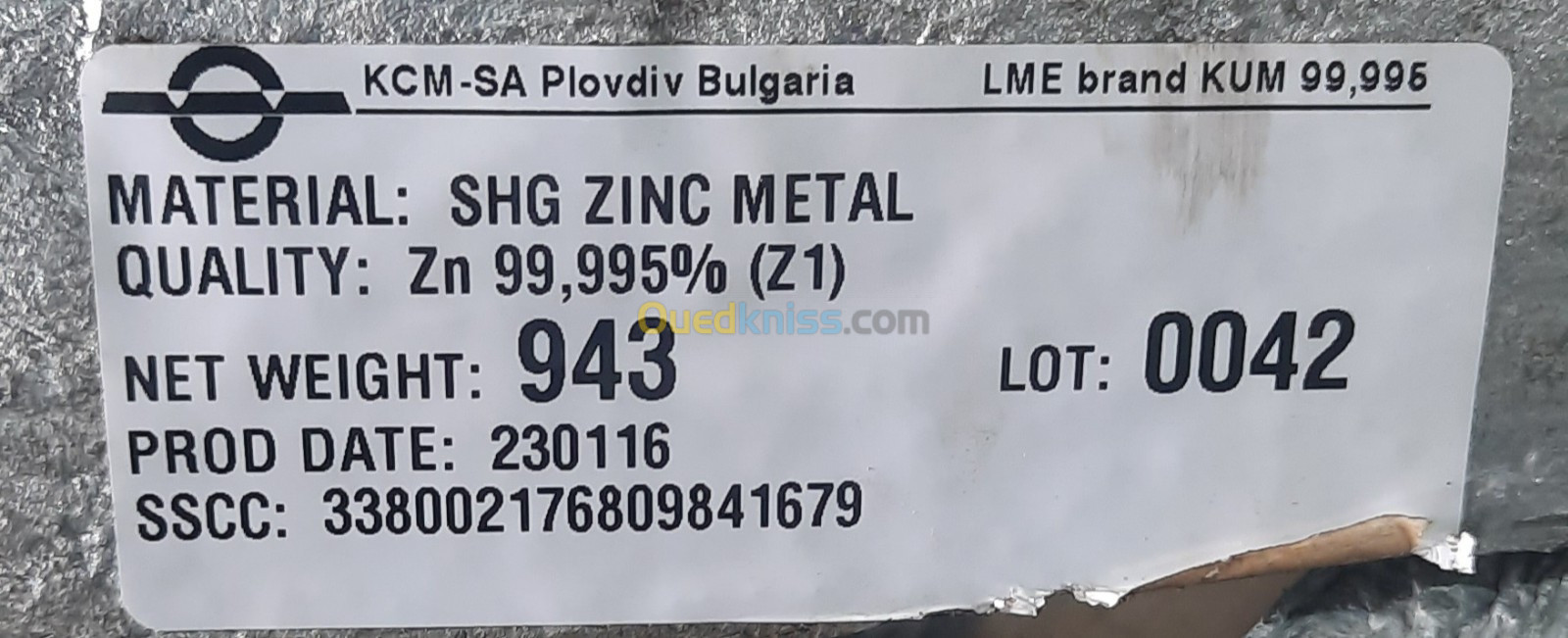 Lingot de zinc 99,995%