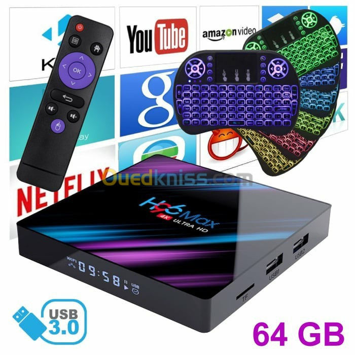 TV BOX Android H96 Max 4K Kodi 4 Go de RAM Stockage de 64 Go + clavier sans fil