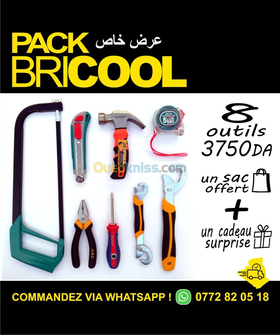 PACK BriCOOL TOURNEVIS/SCIE/CUTTEUR/PINCE/MARTEAU/CLÉ UNIVERSELLE/METTRE RUBAN/CUTER/outil/outillage