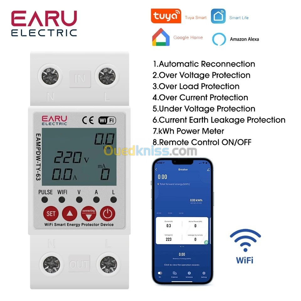 Protection contre les surtensions smart connecté, compteur d'énergie kWh, 2P, 63A, TUYA Andrea WiFi