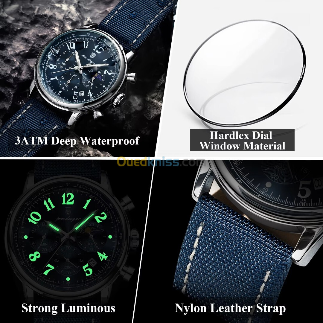 POEDAGAR-Montre de Luxe pour Homme Noir et bleu, Étanche, Shoe, Chronographe, Date, Quartz