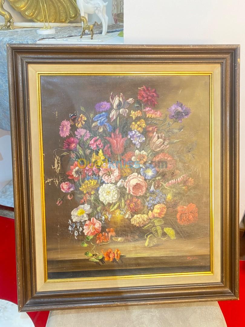 tableaux ancien huile sur toile bouquet de fleurs , periode coloniale 19em siècle 75/65cm