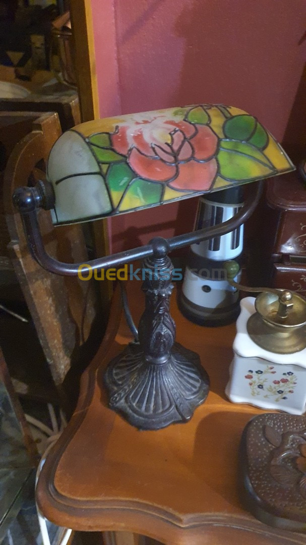 Petite lampe à poser de bureau, lampe de Banquier Vintage Tiffany Style Abat-jour en pâte de verre 