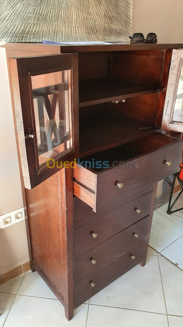 Meuble indien commode vitrine avec 2 portes vitrées et 4 tiroirs 