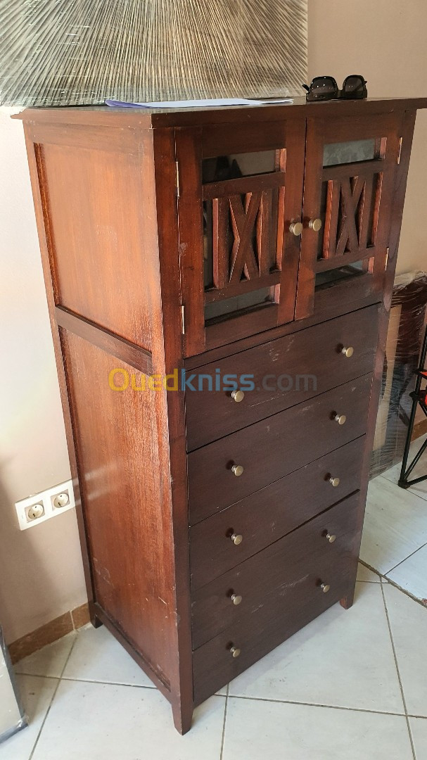 Meuble indien commode vitrine avec 2 portes vitrées et 4 tiroirs 