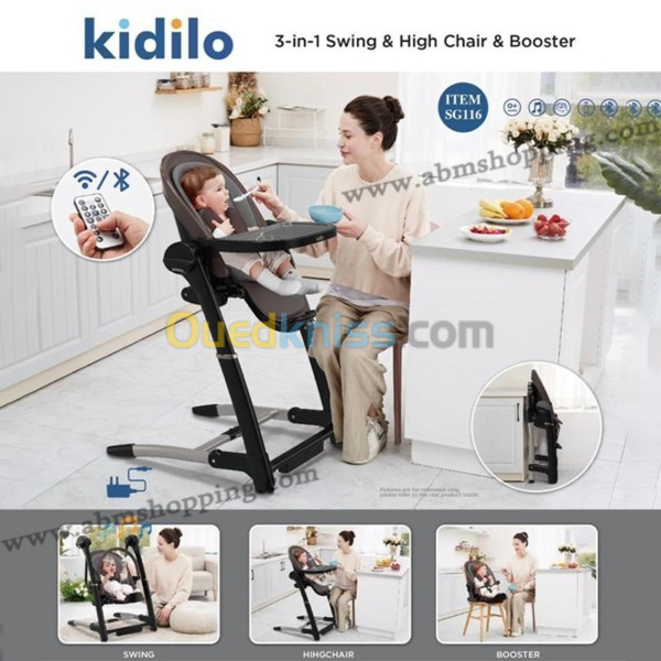 Chaise haute, balançoire, rehausseur 3en1 avec télécommande | Kidilo