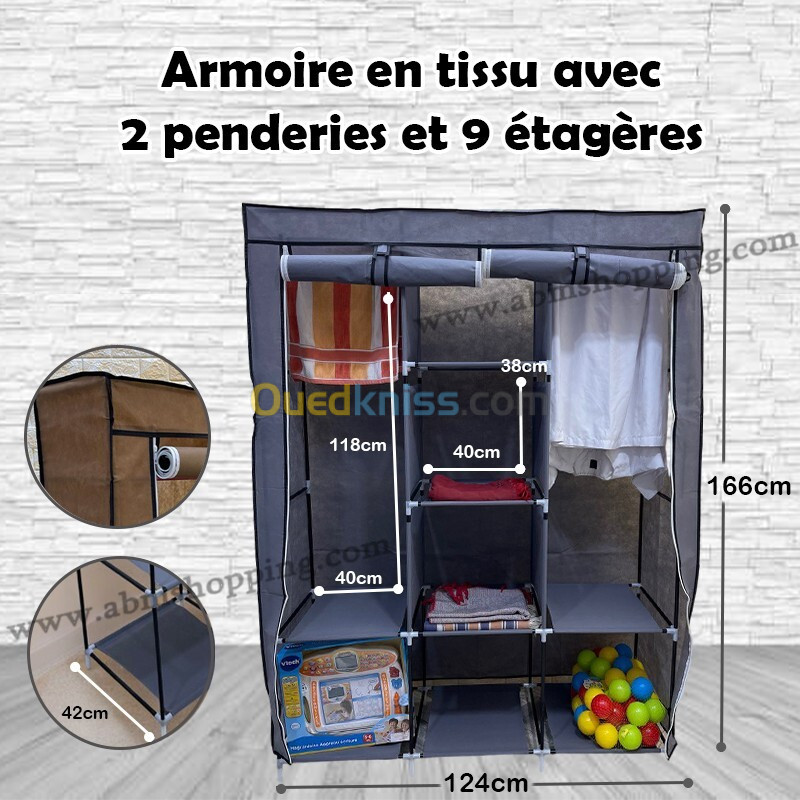 Armoire en tissu avec 2 penderies et 9 étagères