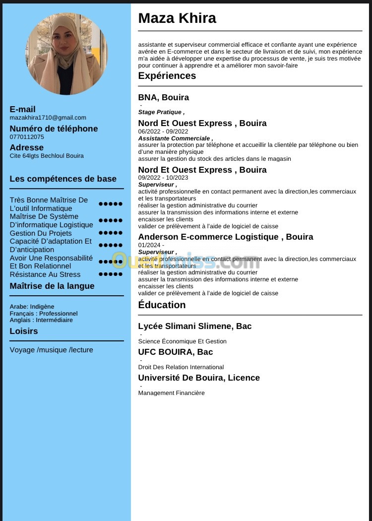 Assistante commerciale /assistante administrative /superviseur /