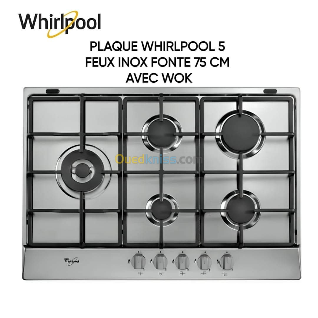 Plaque Whirlpool 5 feux inox fonte 75cm  akr3290ix