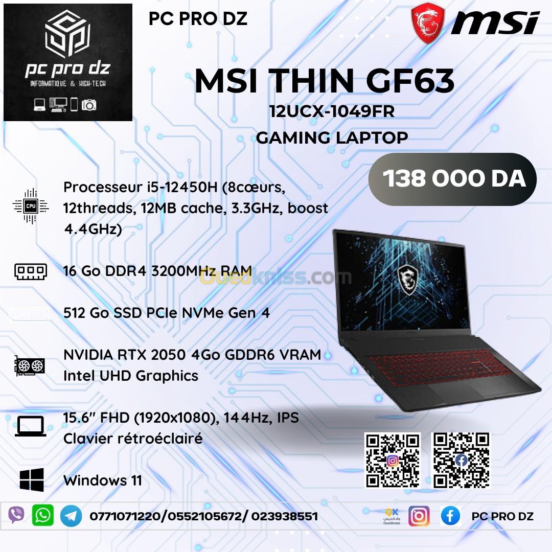 MSI THIN GF63 i5 12450H 16 Go DDR4 512 Go SSD RTX 2050 4 Go 15 Pouces FHD 144 Hz