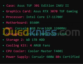 Gaming PC / I7 11th / RTX 3070 ASUS / RAM 16Gb / 