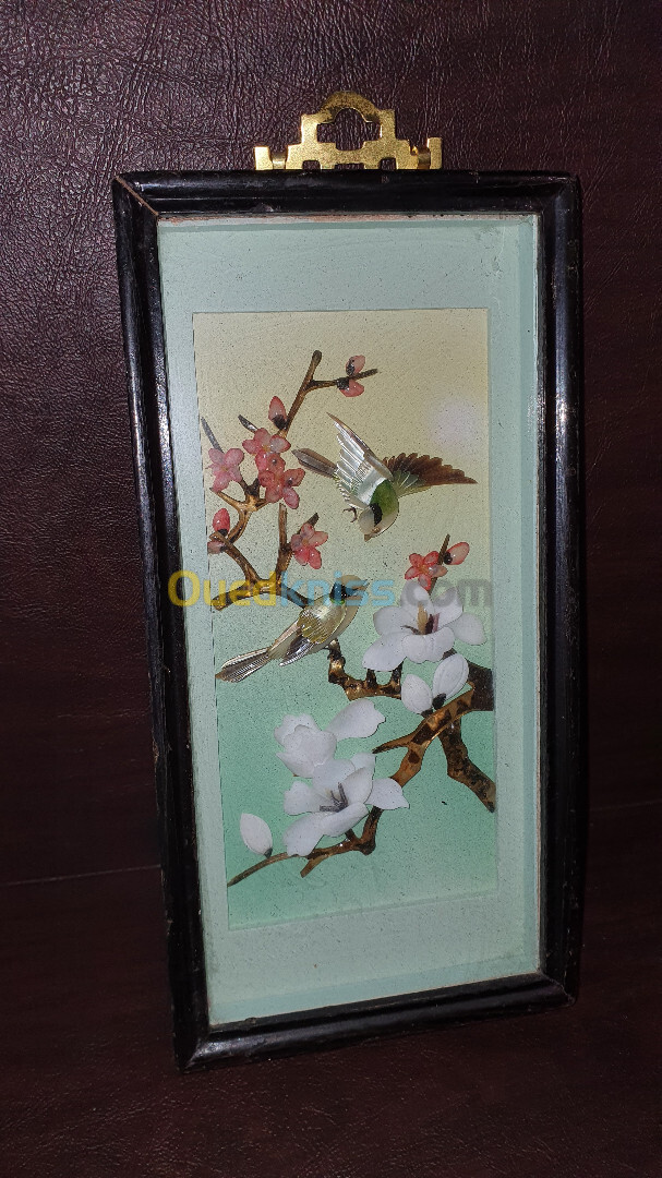 Petit tableau Cadre vintage chinois oiseaux en nacre, feuillages et oiseaux en relief