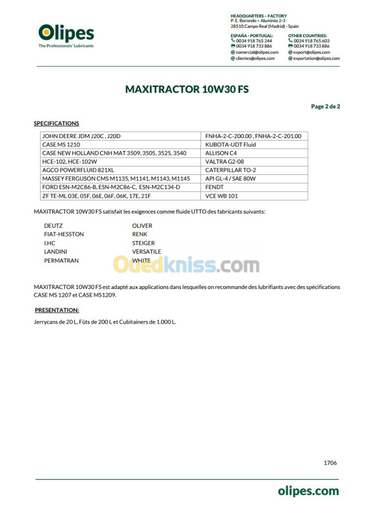 OLIPES Maxitractor 10W30 FS (20L) DISPONIBLE EQUIVALENT 