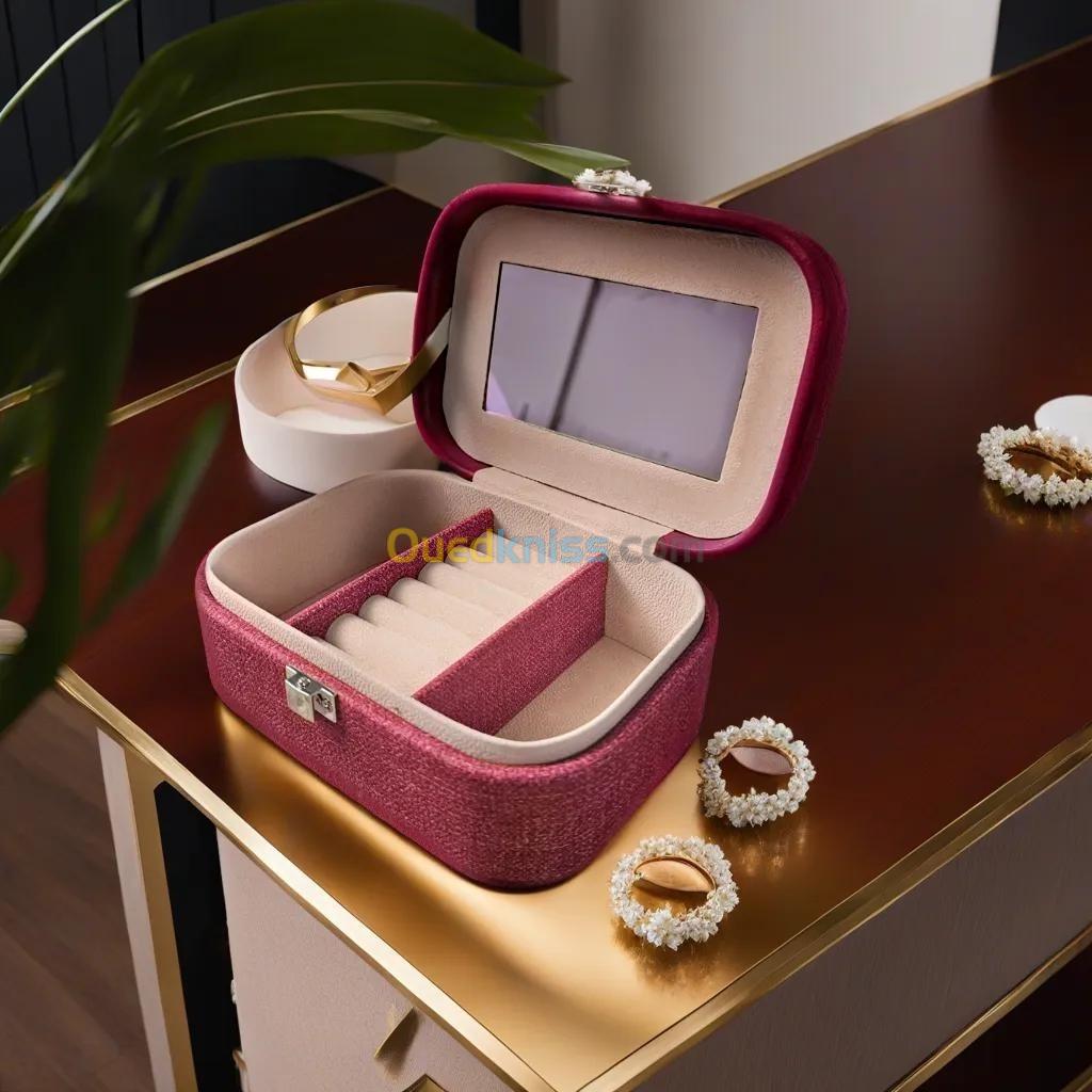 Boîte de rangement de bijoux avec miroir portable en Cuir Pu GM
