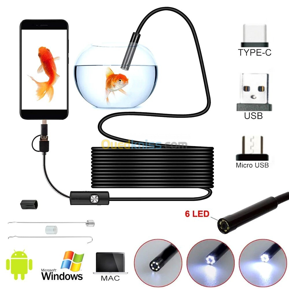 Caméra endoscopique HD, étanche, USB, 7 mm, 2 métres, IOS, Android, PC