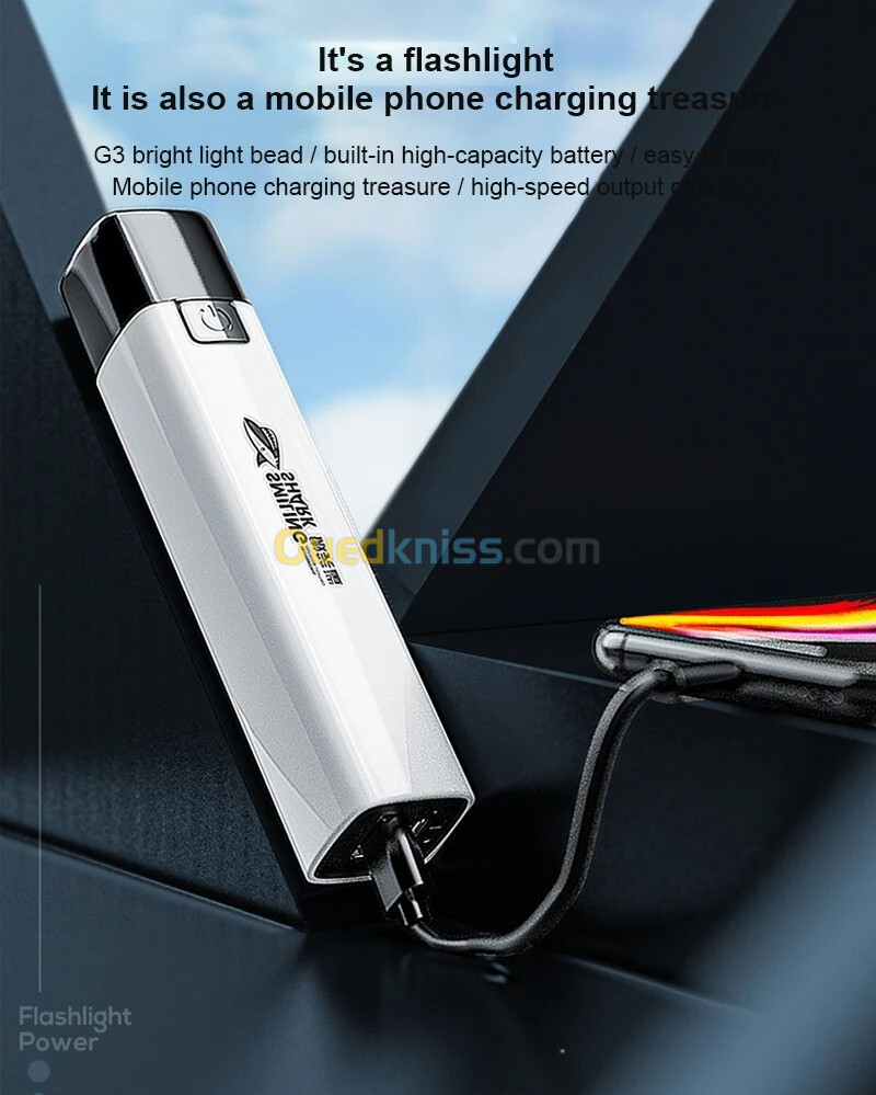 Lampe de poche Power bank 2 en 1,USB, Rechargeable, 1 W, 1200mA, 990000LM