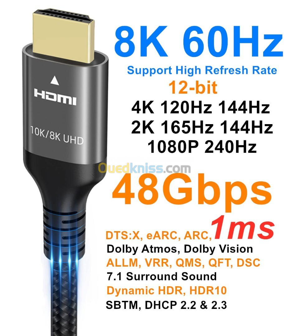 Ubluker Cable HDMI 2.1 2M 10k 8k 4k Certifié 120Hz 144Hz 8k 60Hz 12bit eARC  DTS:X Dolby Atmos HDR10 - Oran Algérie