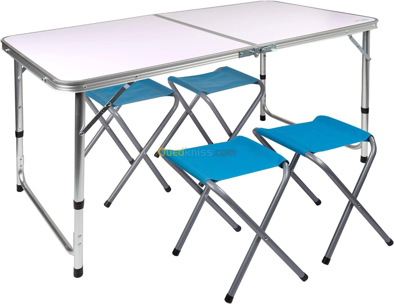 Table de Camping Pliable en Aluminium de 120 cm avec 4 Tabourets, pour le Jardin et l'Extérieur