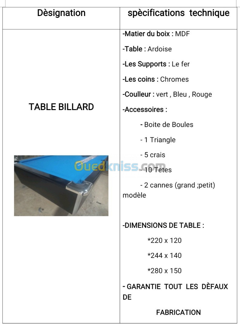 Fabrication table de billard et baby-foot