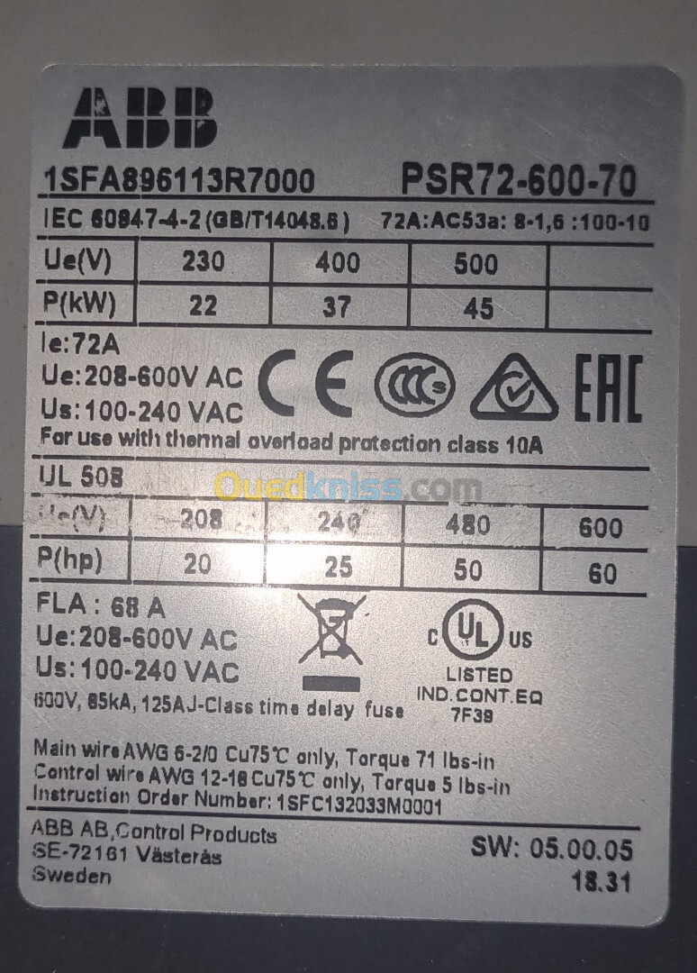 Démarreur progressif ABB PSR72-600-70, 