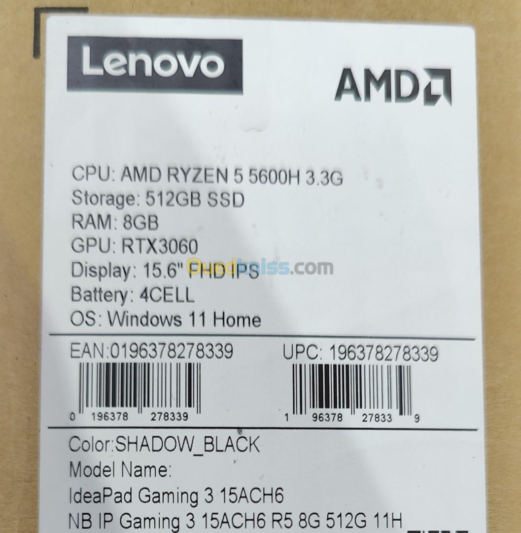 Lenovo IdeaPad Gaming 3 IPS 120Hz, Ryzen 5 5600H, 8 Go RAM, SSD 512 Go, RTX 3060, Win 11