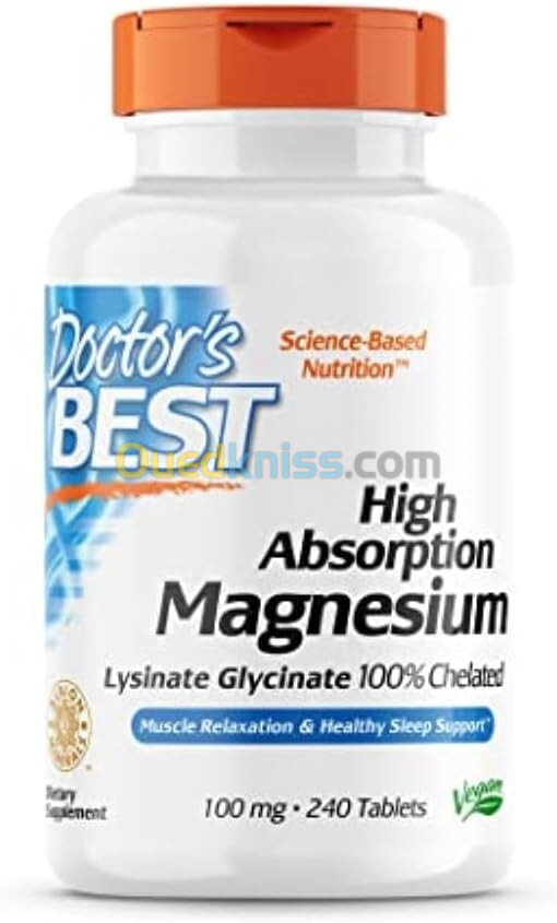 Doctor's Best Glycinate de magnésium lysinate à haute absorption 100% chélaté 100mg 12 unités