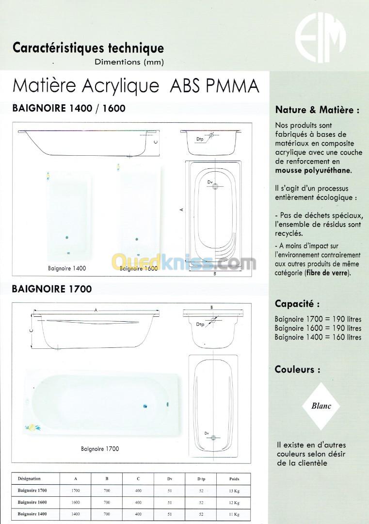 Baignoires Acrylique ABS 1400/1600/1700