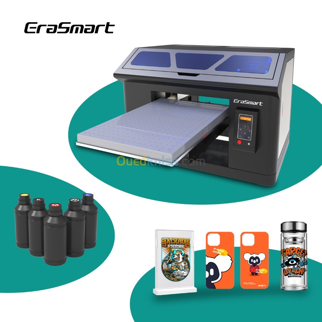 UV ERASMART Imprimante Printer UV à plat A3+(35/45 CM)+ DTF (autocollant de transfert) +rotative 360