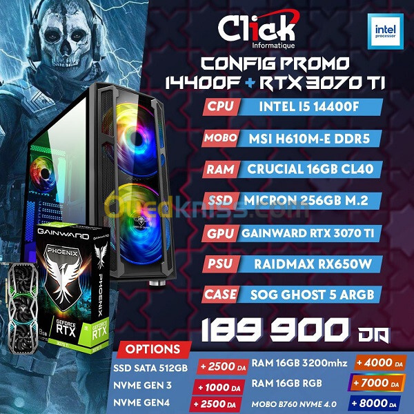 CLICK CONFIG PROMO 14400f + 16GO 3200 MHZ CRUCIAL 512 CL40 +RTX 3070ti