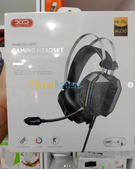 Casque de jeu XO GE07 avec micro, couleur RVB, longueur de fil de 2,1 m.