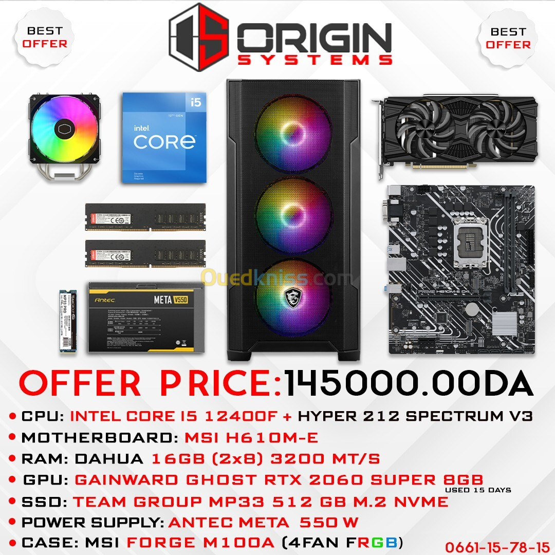 ORIGIN SYSTEMS CONFIG |MSI H610M-E | GAINWARD RTX 2060 SUPER 8GB |INTEL CORE I5 12400F + HYPER 212