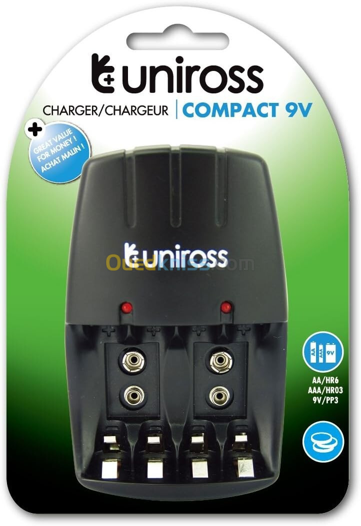 Uniross Compact Chargeur Mural pour AA / AAA /9V PP3 NiMH Rechargeable Batteries