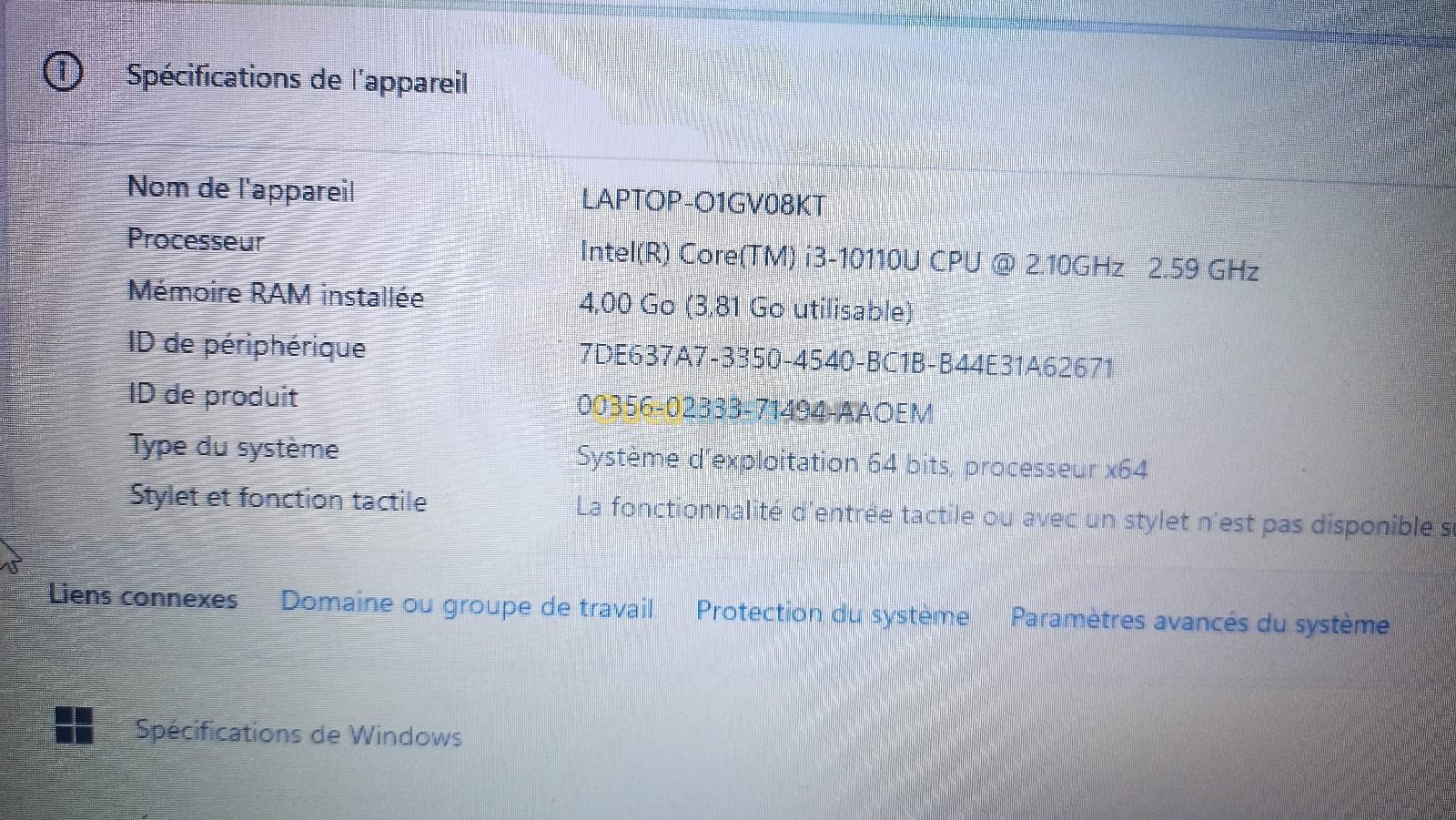 HP LAPTOP 15 DW1050NF I3 10110U 4GO 128GO SSD
