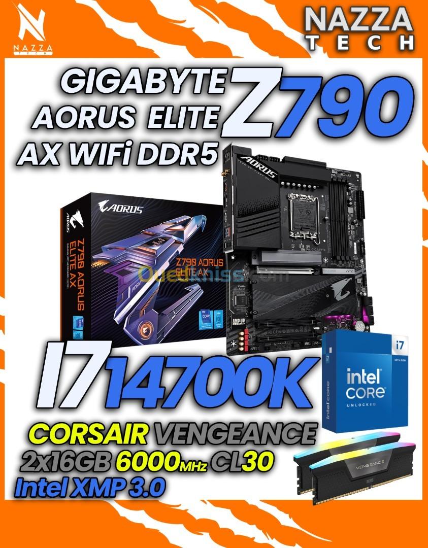 KIT Intel I7-14700K + GIGABYTE Z790 AORUS Elit AX + RAM 32GB (6000Mhz Cl30)