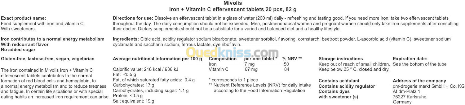 Mivolis  fer (eisen) + vitamine C   Comprimés effervescents 20 pièces 82 g