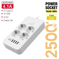 Multiprise Rallonge 4 Ports Prise AC 2500W + Chargeur AUTO-ID 4.1A 4 x USB + 2 x USB-C 2m Q604
