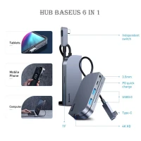 HUB Angle Baseus 6 en 1 USB-c type-c to HDMI + TF + 2*USB3.0 + PD + Audio 3.5mm iPad Pro MacBook Pro
