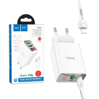 Chargeur Type-c 20W + USB QC3.0 HOCO C100A avec affichage Puissance + Cable USB-c Vers Lightning 1m