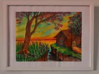 Tableau paysage pastel -Fait main- Encadré 