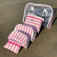 Sac de toilette 5 pièces a rayures rose et blanc