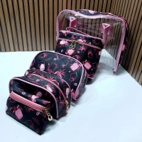 Sac de toilette 5pièces avec motifs noir et rose