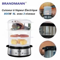Cuiseur À Vapeur Électrique BRANDMANN 800W 9L 3 Paniers Inox Avec Contrôle De Minuterie Numérique 