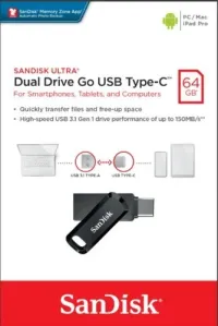 Flash disque SanDisk Ultra Dual Drive Go USB/Type-C 3.1 Gen1 64Go 150MB/s Noir