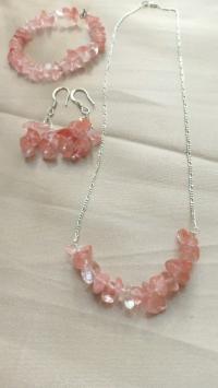 طاقم فضة بالحجر الطبيعي شيري كواparure en pierre naturelle semi précieuse Cherry quartz رتز .. thumbnail 3
