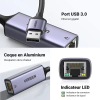 UGREEN Adaptateur USB Ethernet Gigabit USB 3.0 vers RJ45 à 1000 Mbps / Switch Mi Box S Mac OS Win 11